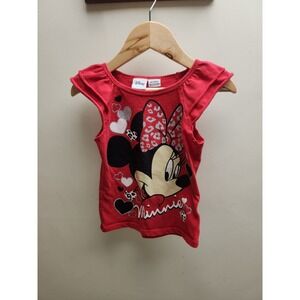 Disney Minnie Mouse Girls Red Flutter Sleeve Graphic T-Shirt Size 4T Leopard Bow